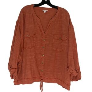 Cato Long Sleeve Distressed Rust Colored Button Down‎ Lagan Look Raw Hem 22/24W
